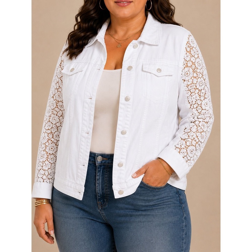 X 3 Back in the Saddle White Denim Jacket Crochet Lace Sleeve Plus Size 3